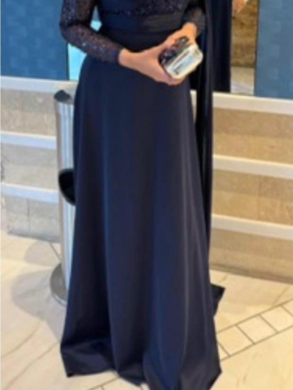 Elegant Navy Sequin Evening Dress with Draped Shoulder - Picture 2 of 6